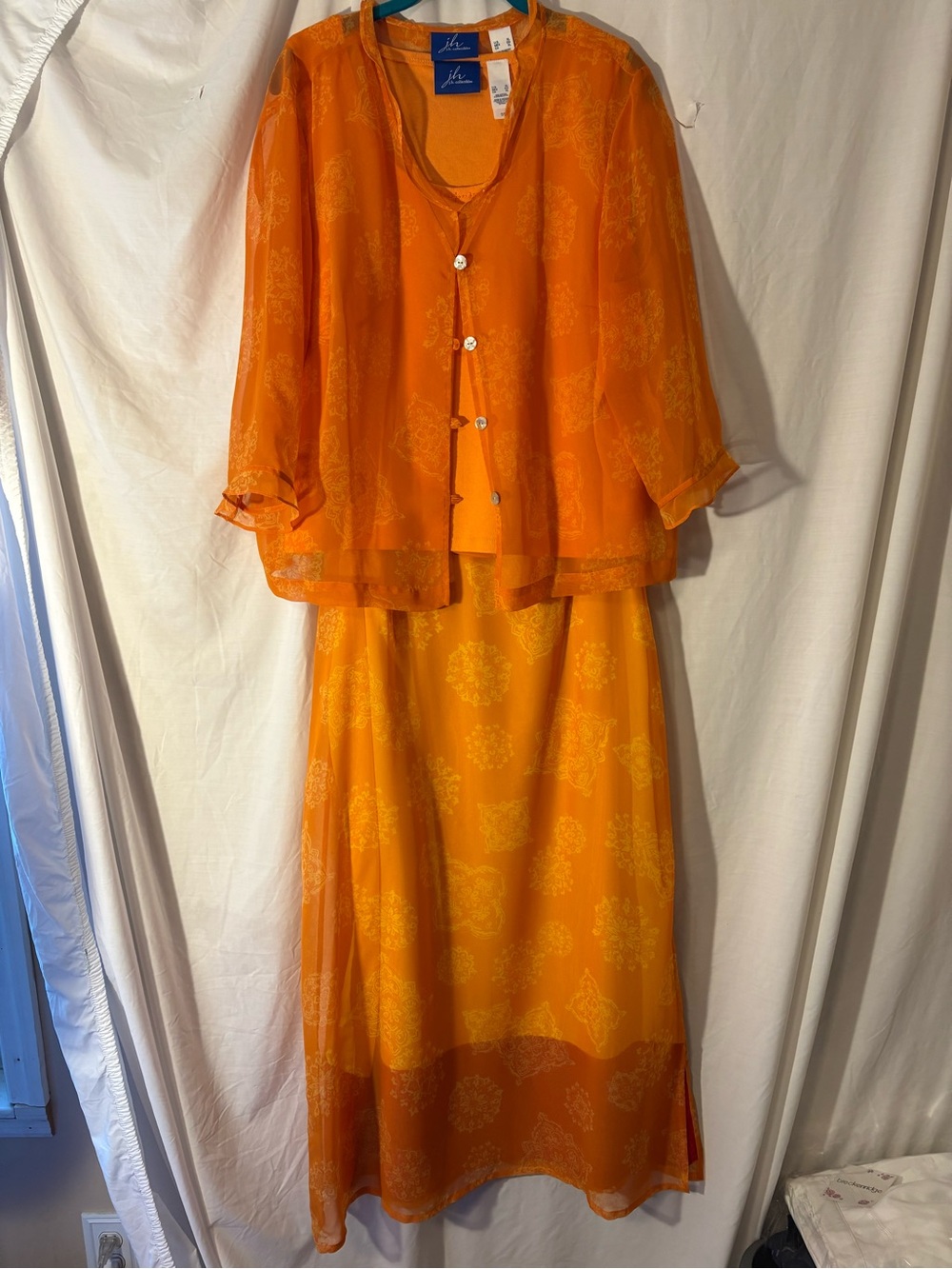 J.H. Collectibles 3-Piece Orange Skirt Set-Sleeveless Tank, Sheer Jacket & Skirt